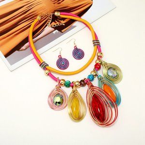 Women Fashion Exaggerated Bohemian Resin Tassel Necklace Earrings Set.( Mult…